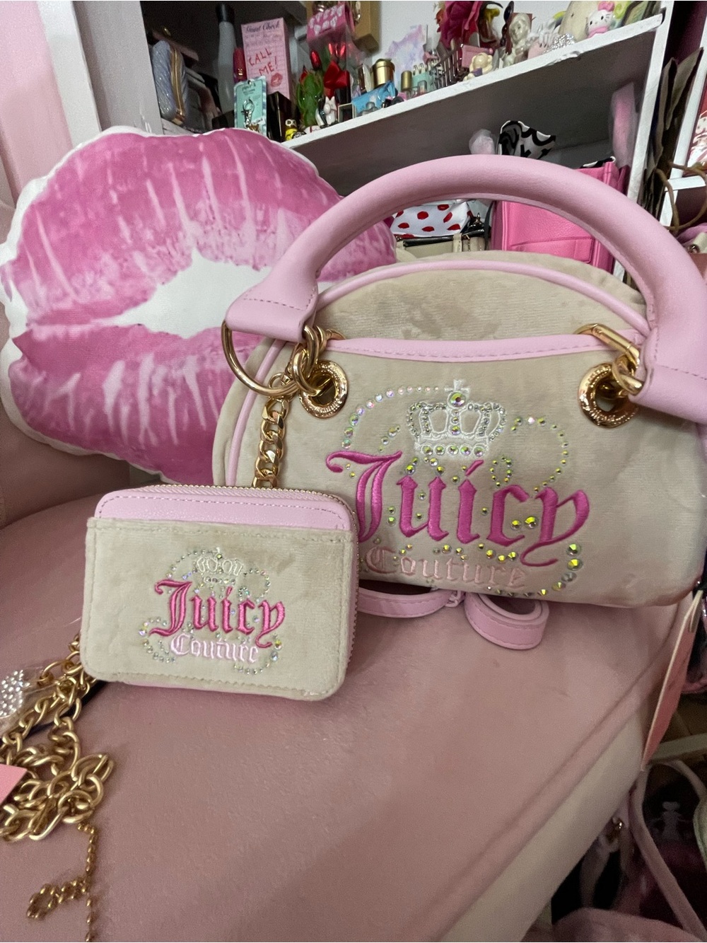 Juicy Couture Cream & Pink Embroidered Mini Satchel with Matching Card Holder